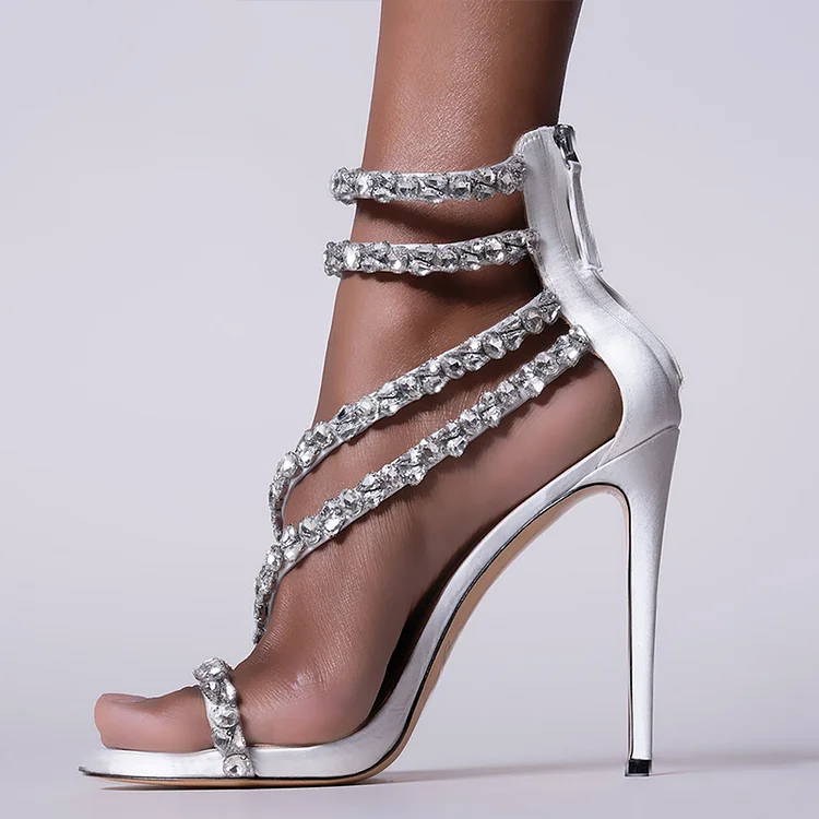 White Satin Stiletto Heels Rhinestones Strappy Wedding Sandals |FSJ Shoes