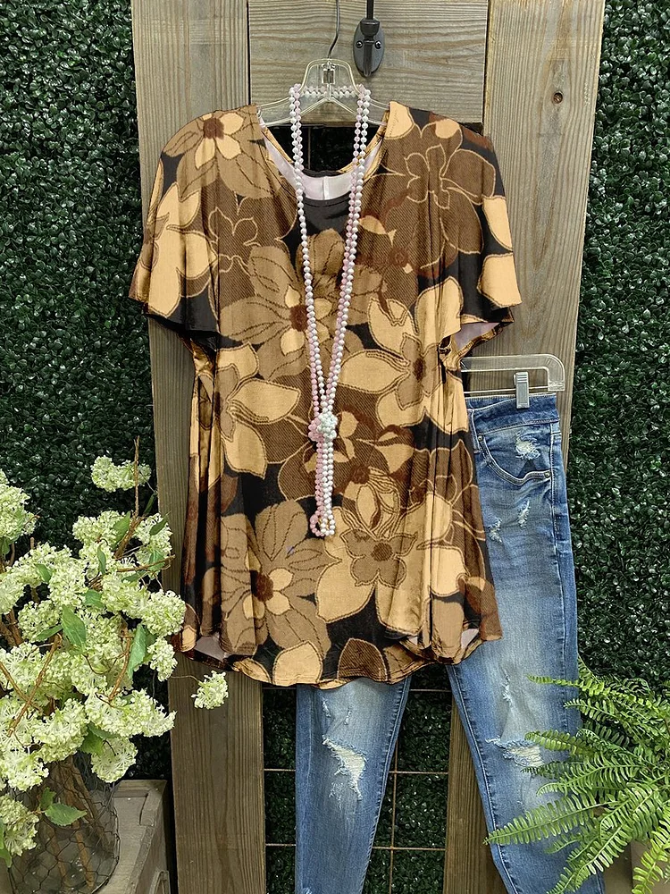 Brown Ladies Retro Flower print casual T-shirt-Mayoulove