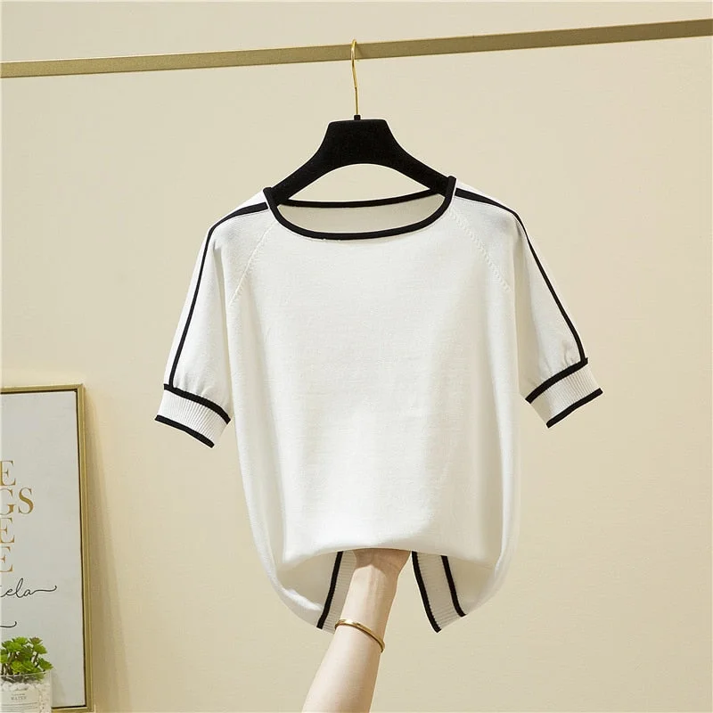 Camisetas Mujer Short Sleeve 2022 Summer Blouse Thin Knitted Shirt Women Tops Woman Clothes Striped Fashion Shirt Femme 18841