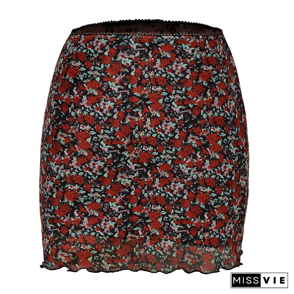 Summer Vintage Printed Net Yarn Short Skirt Female High Waist Double Layer Slim Fit Hip Skirt Women's Mini Print Skirt