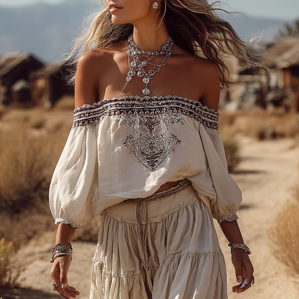 Bohemian Elegant Casual Holiday Off-the-shoulder Embroidered Cotton And Linen Shirt Top