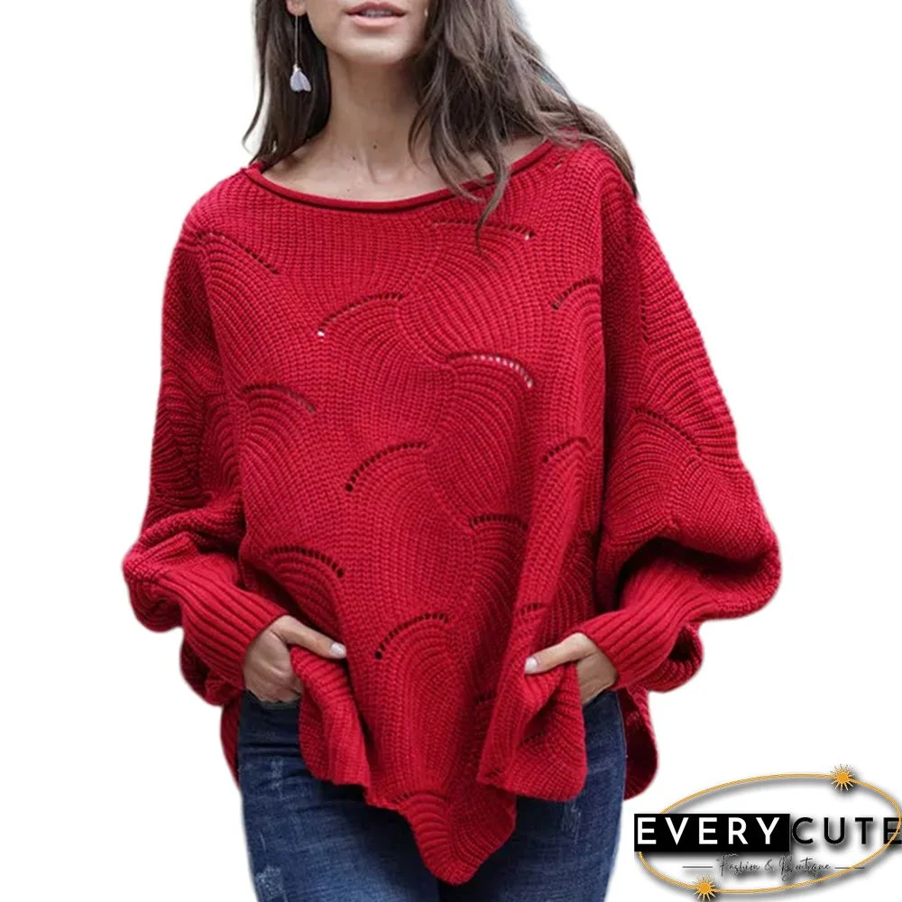 Red Knit Hollow-out Crew Neck Pullover Sweater