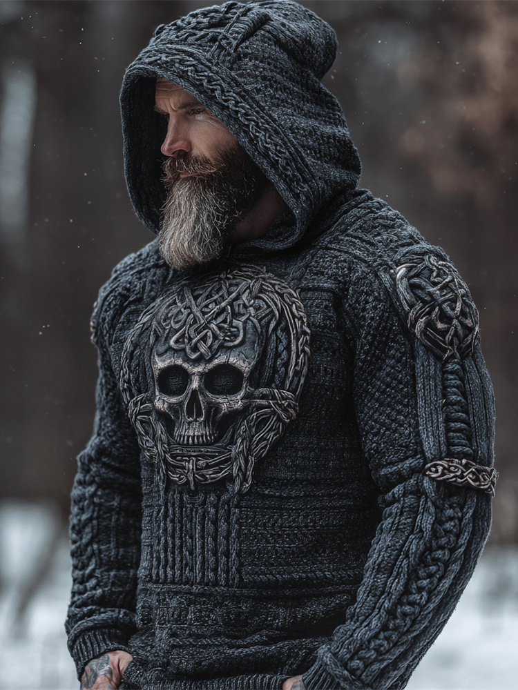 Viking Skull Men's Chunky Knit Hooded Sweater  artssus
