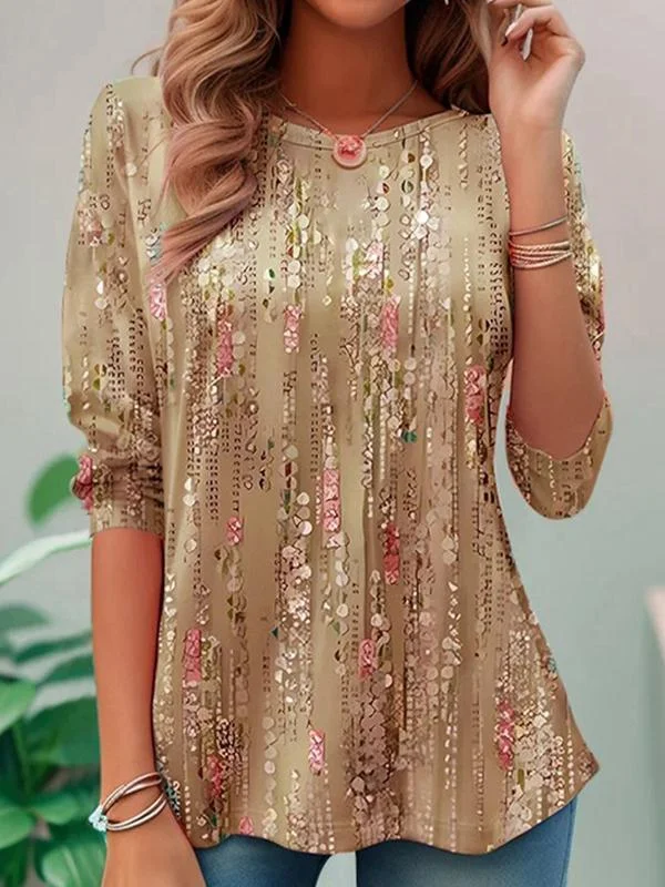 Printed Long-sleeved Crew Neck Pullover T-shirt Top