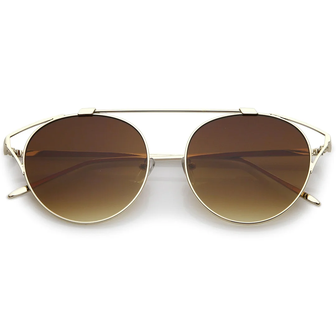 Oversize Open Metal Cat Eye Glasses With Crossbar Round Tinted Flat Lens 55mm