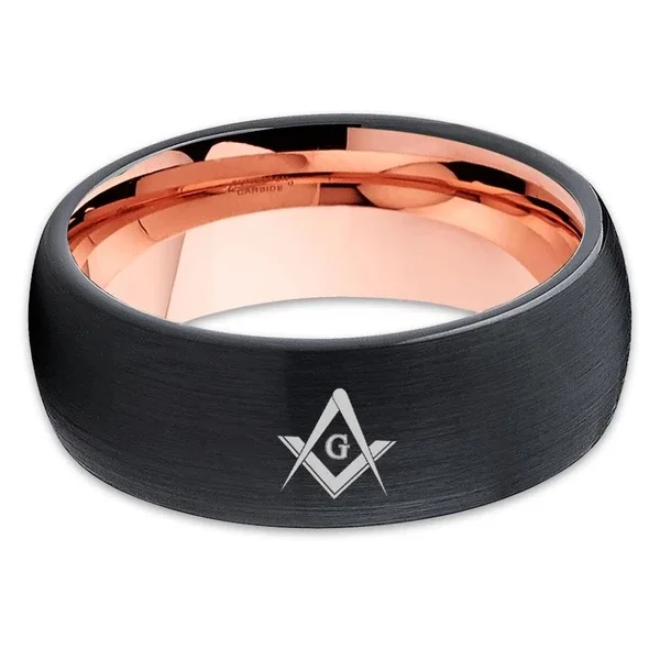 4mm 6mm 8mm 10mm Women's or Men's Tungsten Carbide Masonic Wedding Band - Black And Rose Gold Tungsten Carbide Brush Polish Ring - Masonic Wedding Dome Shape Rings Comfort fit with Mens And Womens