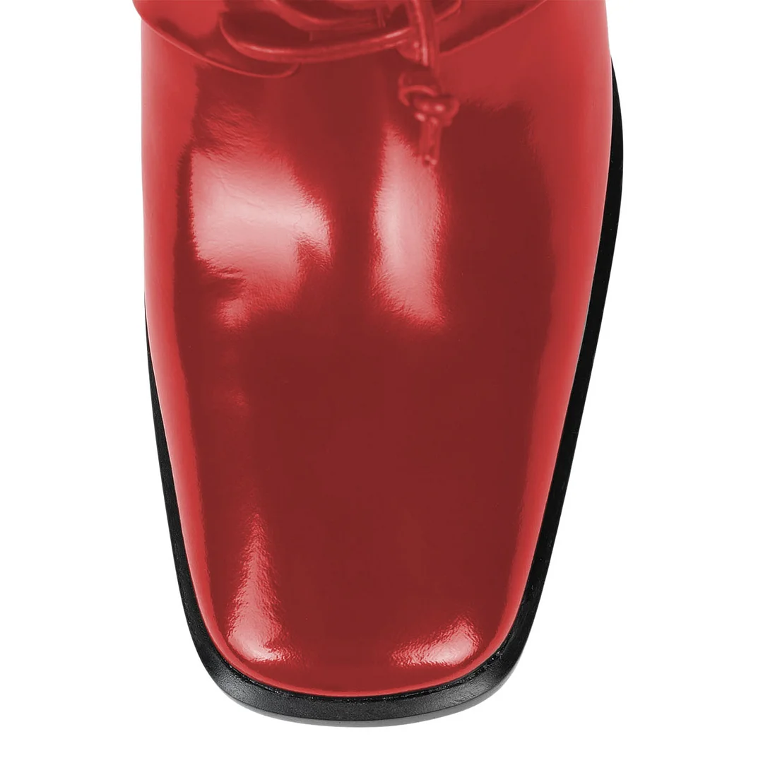 YDN Simple Red Patent Leather Square Toe Tie-Up Oxford Heels