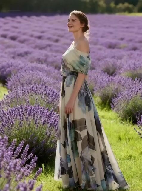 French Sky Blue Asymmetrical Print Chiffon Long Dresses Summer