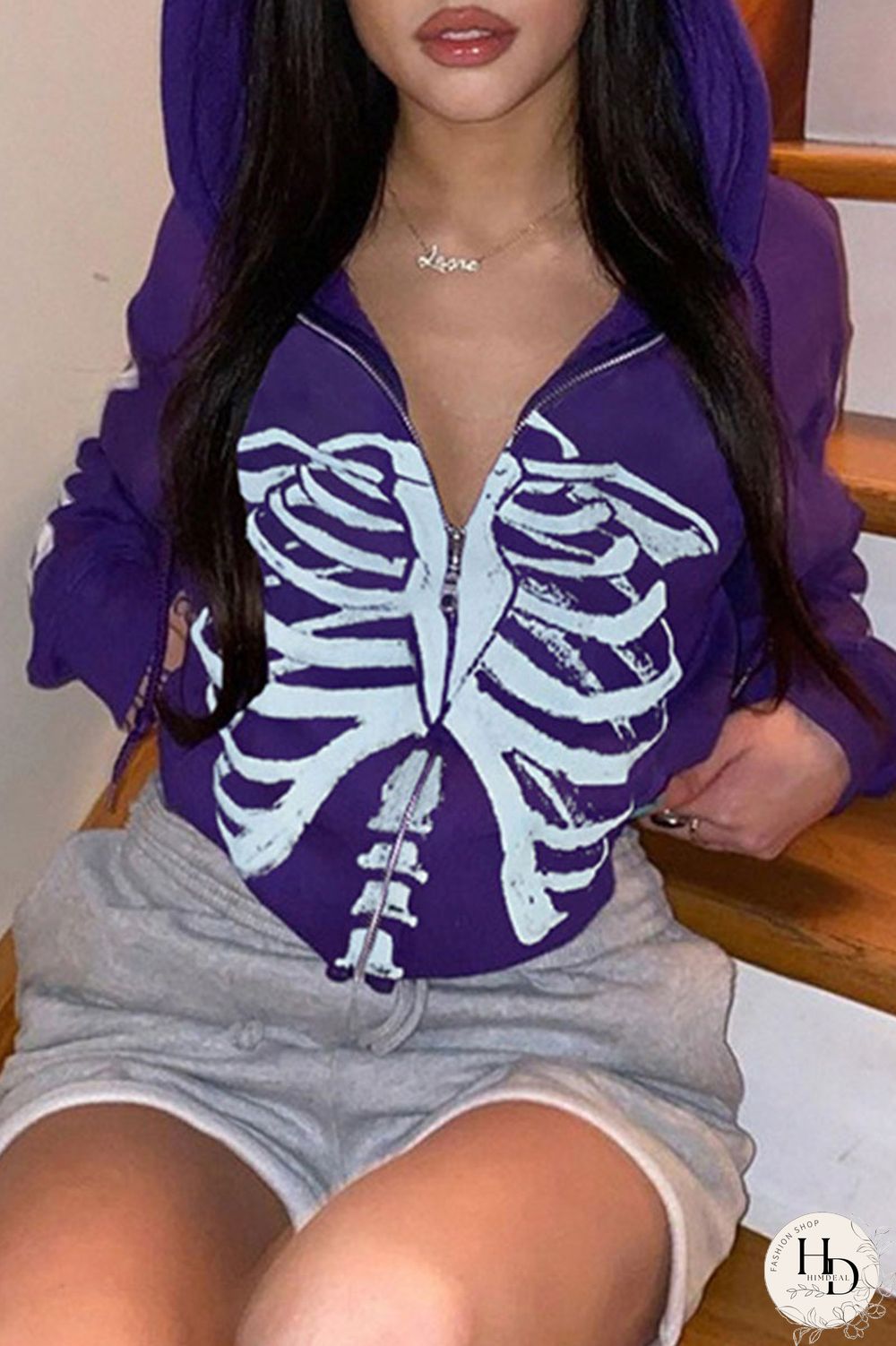 Red Street Print Split Joint Zipper Hooded Collar Outerwear