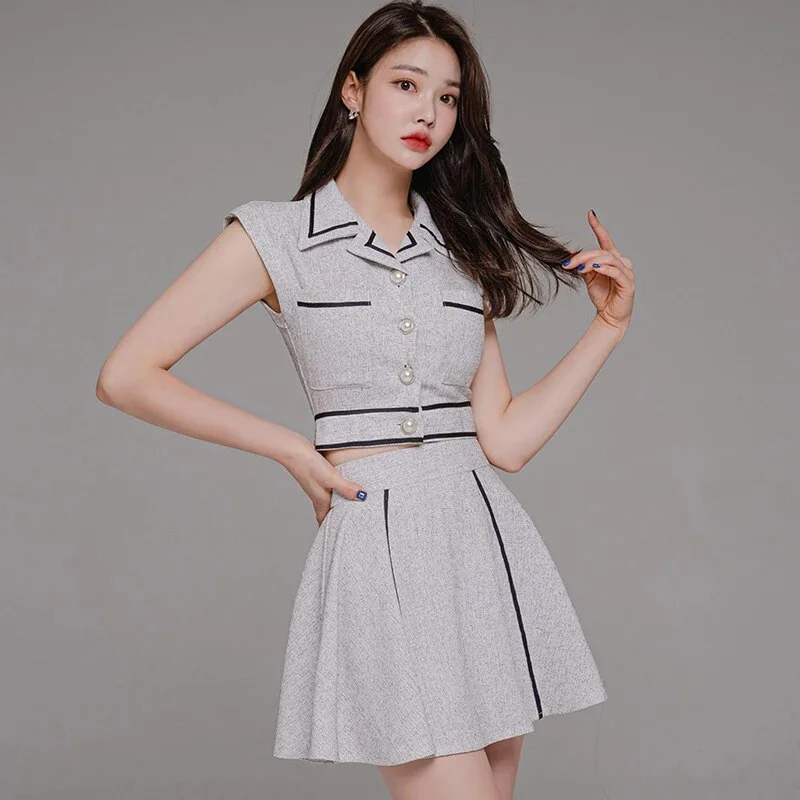 Wongn 2 Pieces Outfits Women Clothing Temperament Retro Crop Tops Shirt Blouse High Waist Mini Skirt Lady Mujer Slim Short Sets