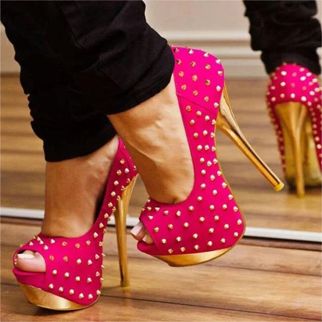Hot Pink and Gold Stripper Heels Peep Toe Studded Pumps |FSJ Shoes