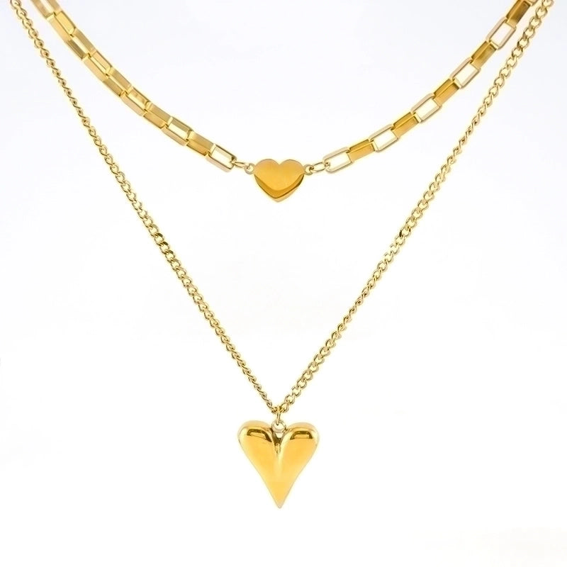 304 Stainless Steel 18K Gold Plated Minimalist Plating Heart Shape Double Layer Necklaces