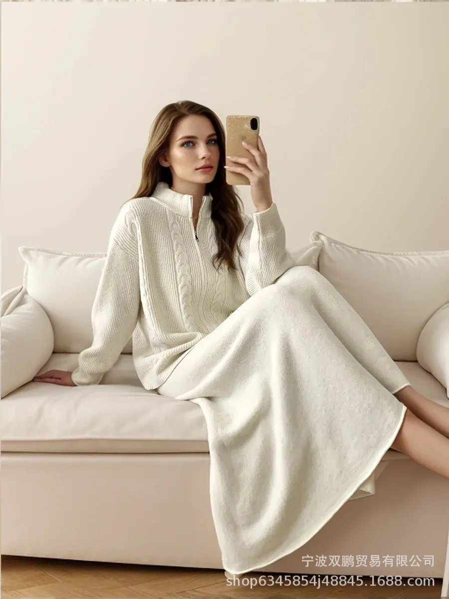 Athvotar Athvotar Loose Knitted Suit Women 2025 Autumn And Winter New Zipper Sweater + Fishtail Skirt
