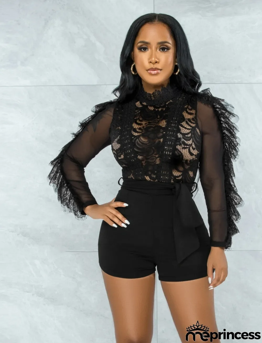 Autumn Black Lace Patch Long Sleeves Party Rompers