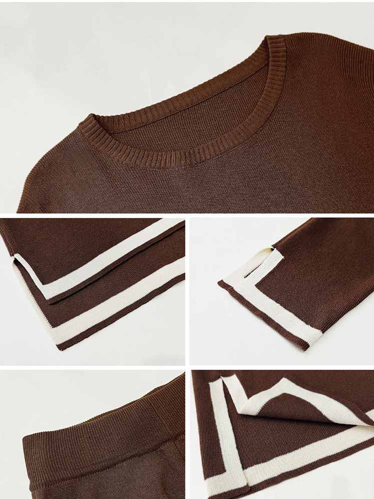 Women's Long Sleeve Scoop Neck Striped Casual Knit Sets