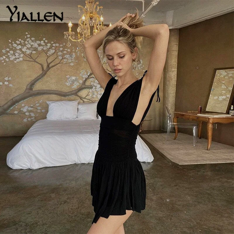 Yiallen Fashion Solid Sexy Ruched Deep V Neck Sleeveless Mini Dress White Black Fairy Grunge 2022 New Women Clothing Clubwear