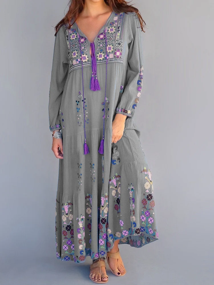 Casual Boho Patchwork Lace Up Drawstring Midi Dress