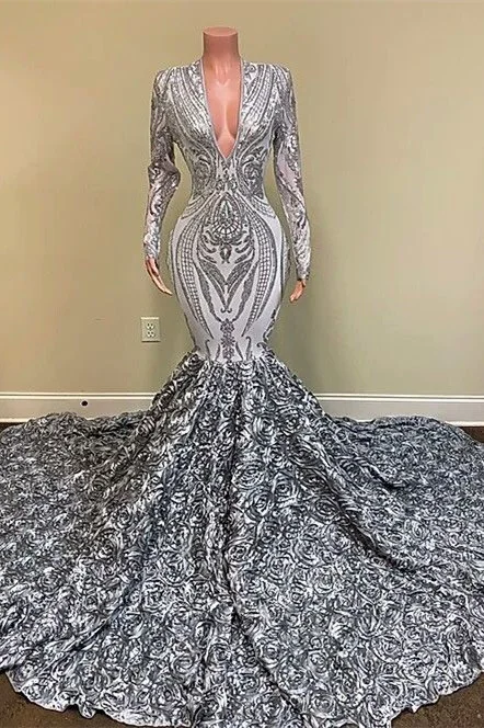 silver grey long sleeve prom dress Silver Sequins Long Sleeves Mermaid Prom Dress With Split Long Sleeves