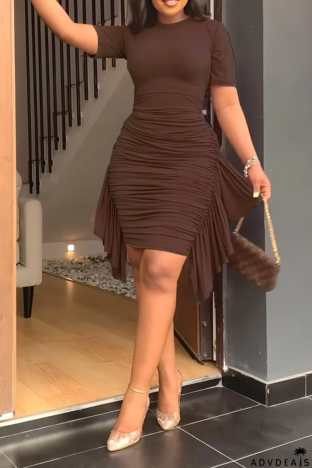 Brown Fashion Solid Flounce Fold O Neck Pencil Skirt Dresses