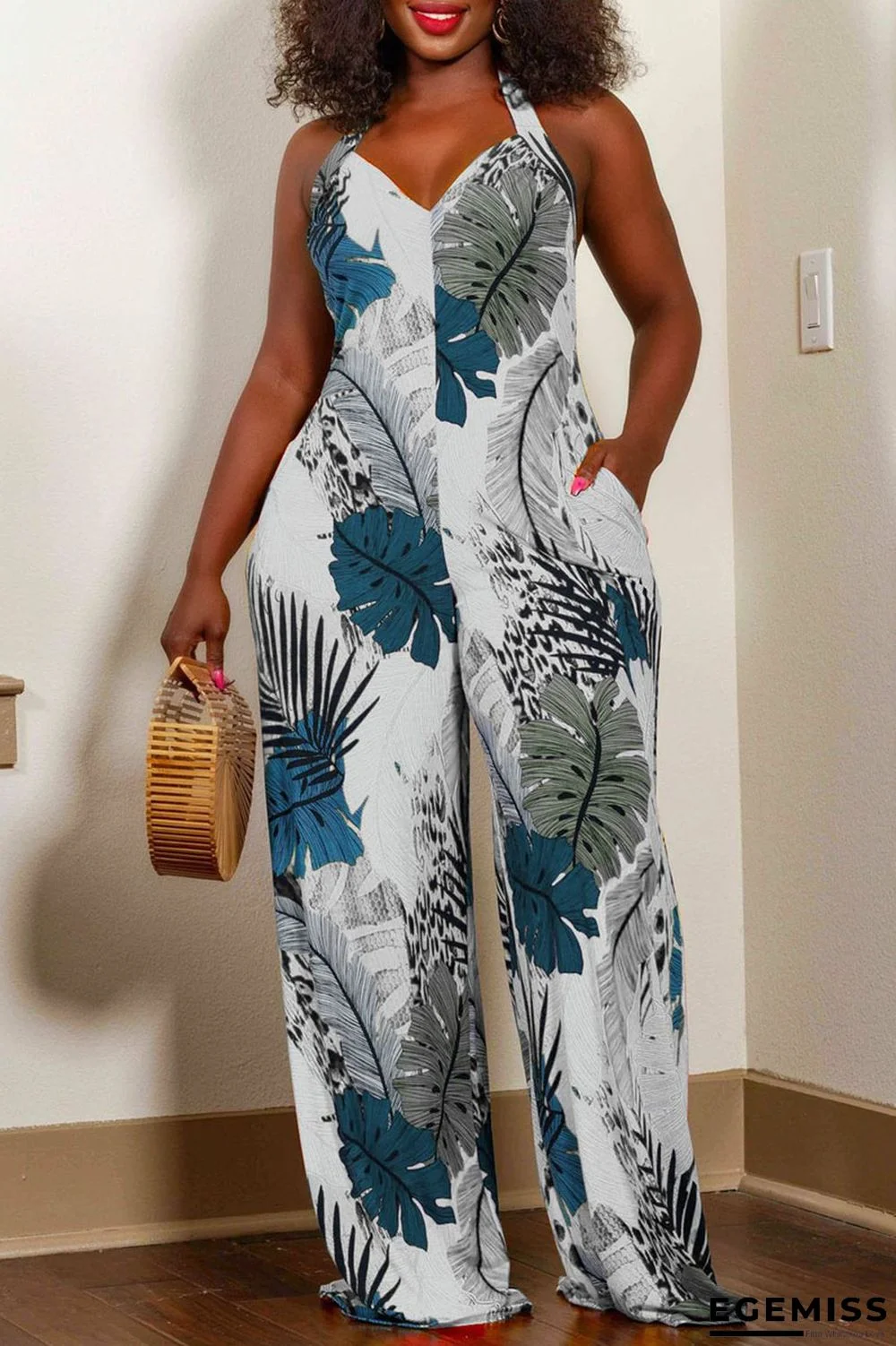 White Casual Print Patchwork Halter Straight Jumpsuits | EGEMISS