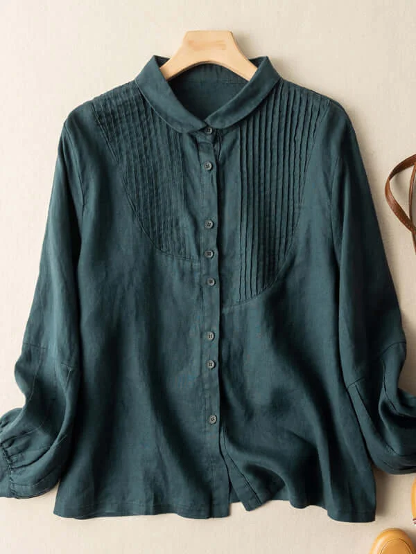 100% Linen Pleated Long Sleeve Casual Shirt In Solid Color