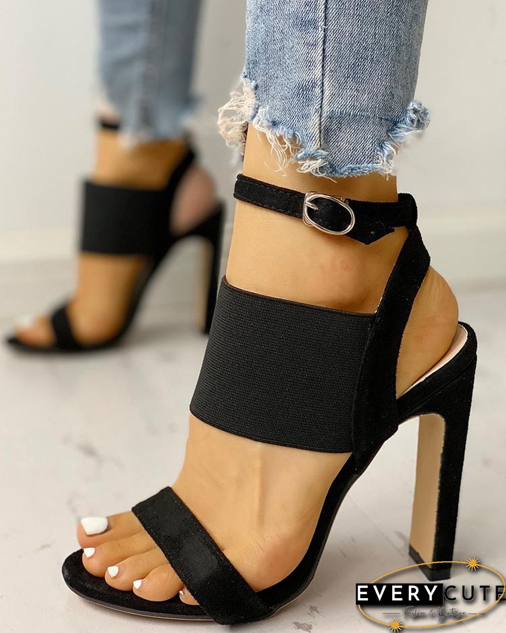Open Toe Elastic Strap Heeled Sandals