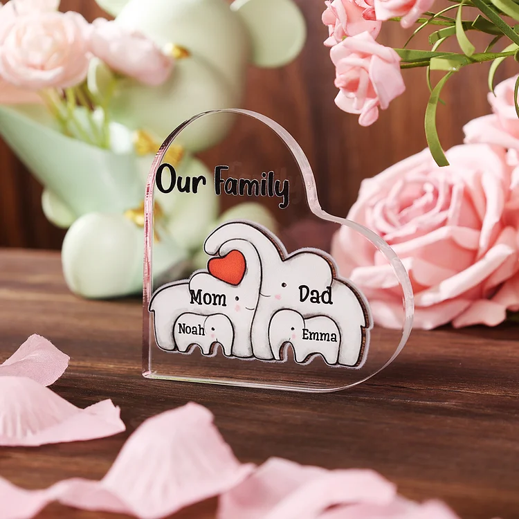 Personalized Acrylic Heart Keepsake Custom 2–7 Names & 1 Text Elephant Family Ornament Gift for Mom/Dad