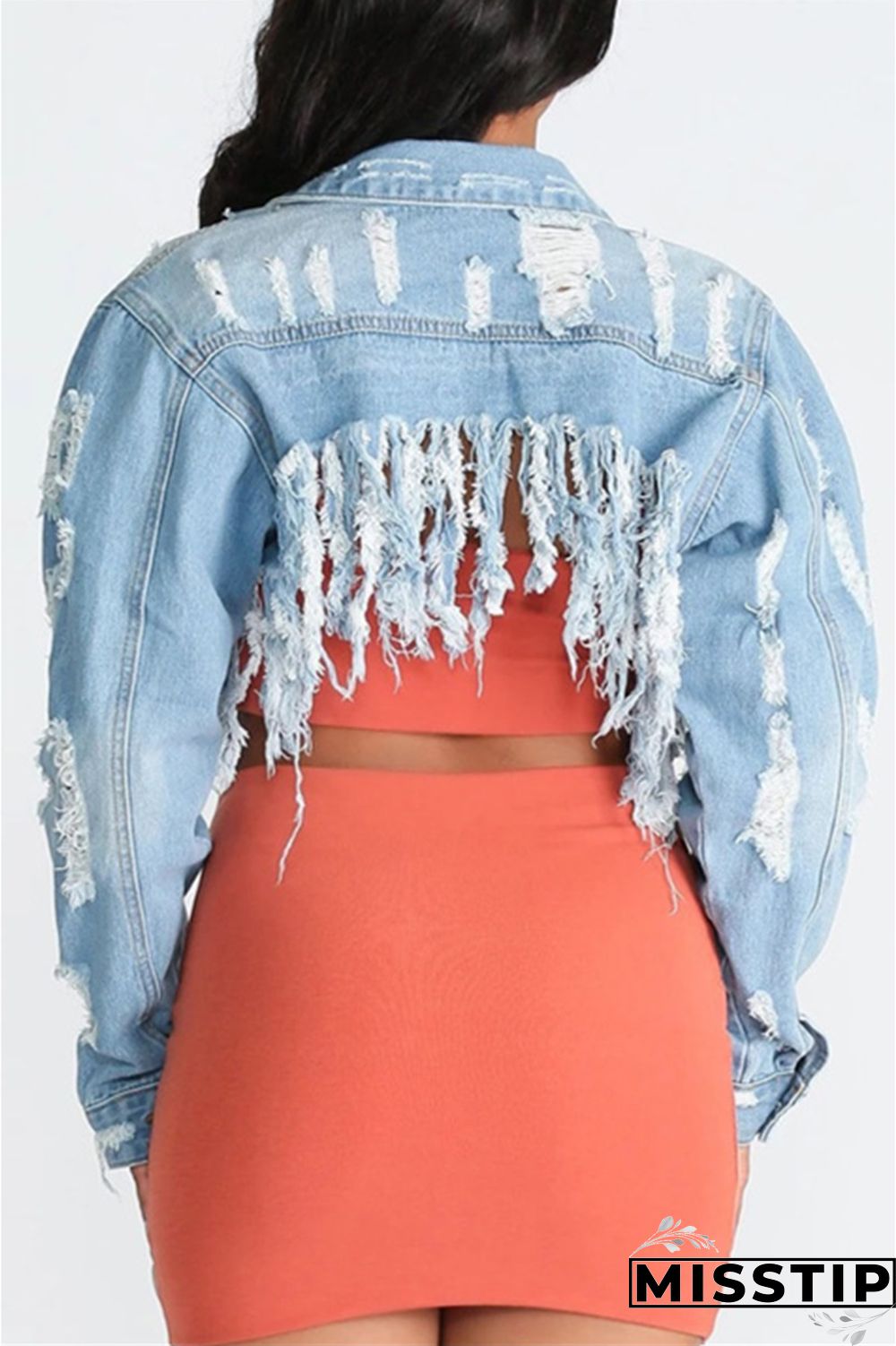 Dark Blue Fashion Hole Tassel Halter Back Navel Denim Coat