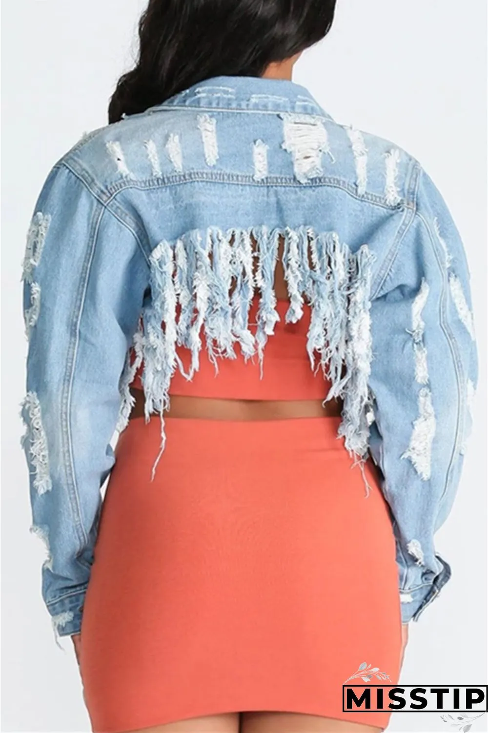 Dark Blue Fashion Hole Tassel Halter Back Navel Denim Coat
