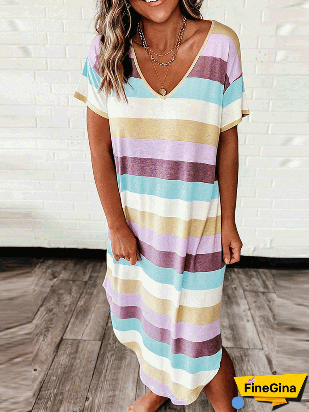 Women'S Dresses Casual Colorful Striped V-Neck Short Sleeve Dress