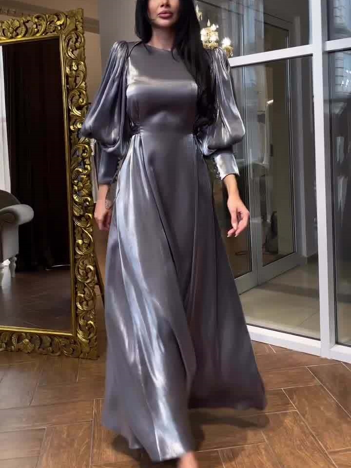Satin Lantern Sleeve Long Sleeve Slim Tie Dress | Oxredo Shop Ramadan Sale
