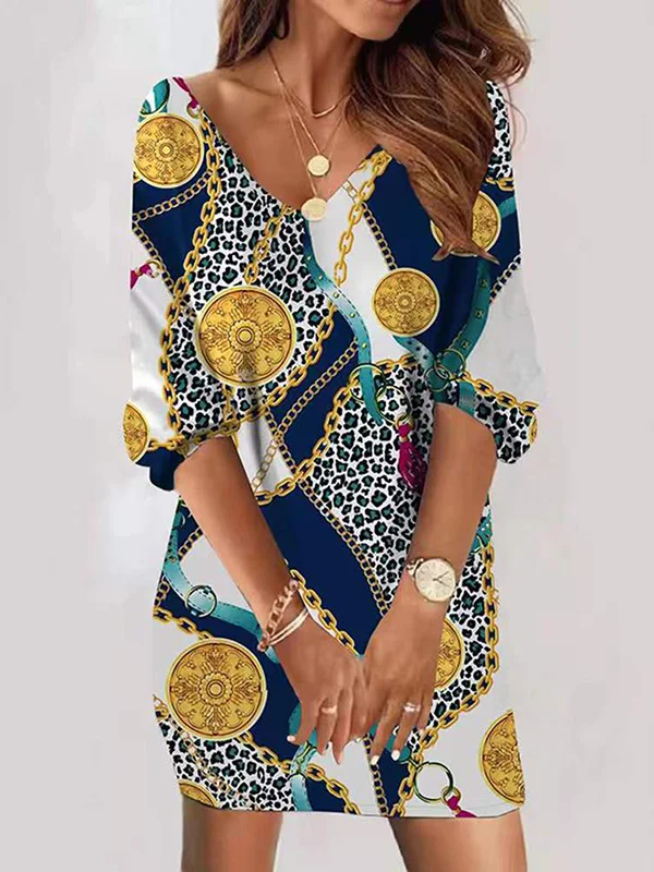 Original Stamped Leopard Contrast Color Half Sleeves Mini Dress