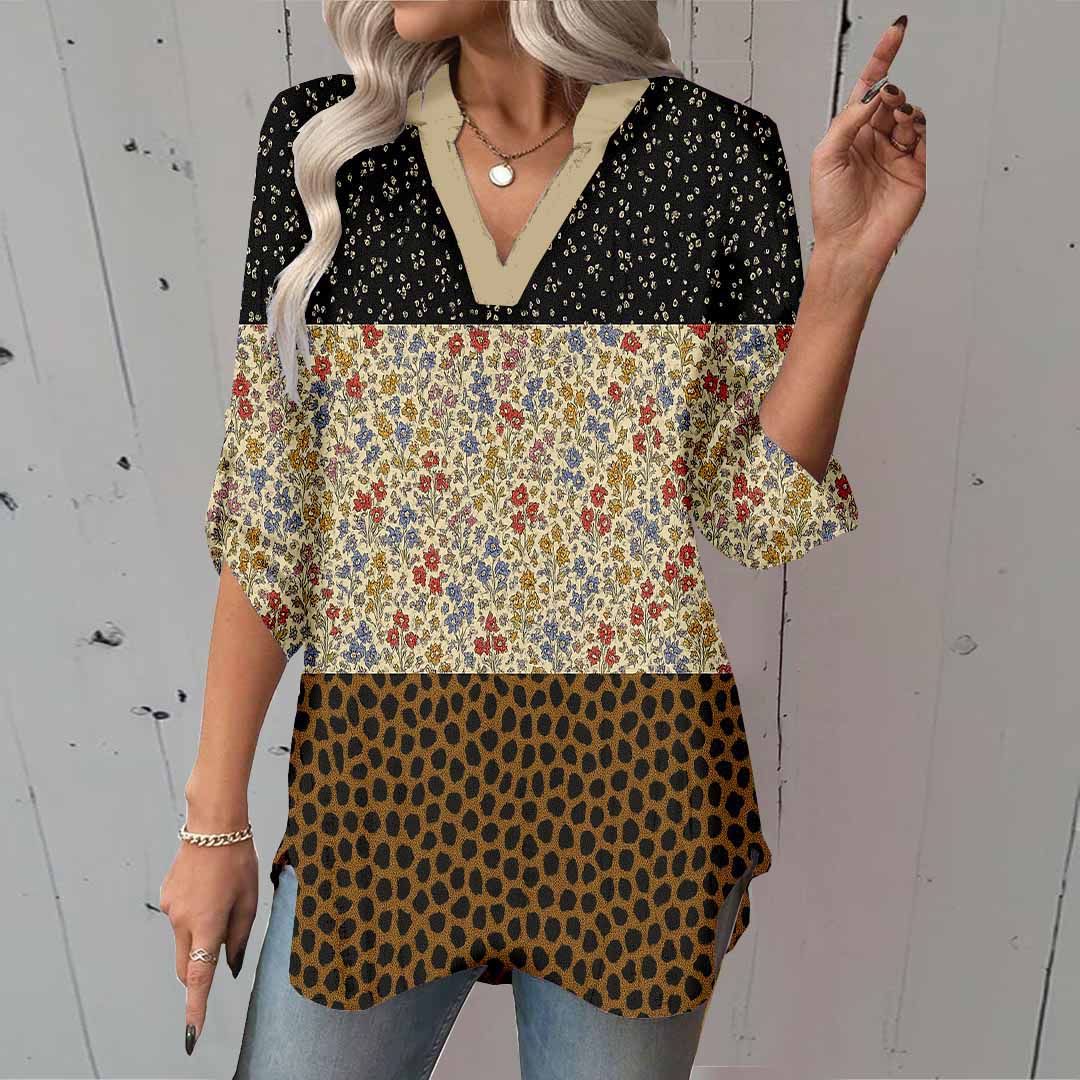 Women Floral,Black,Brown,Beige DZGA0301 3/4 Sleeve V-neck Printed Graphic Button Tops
