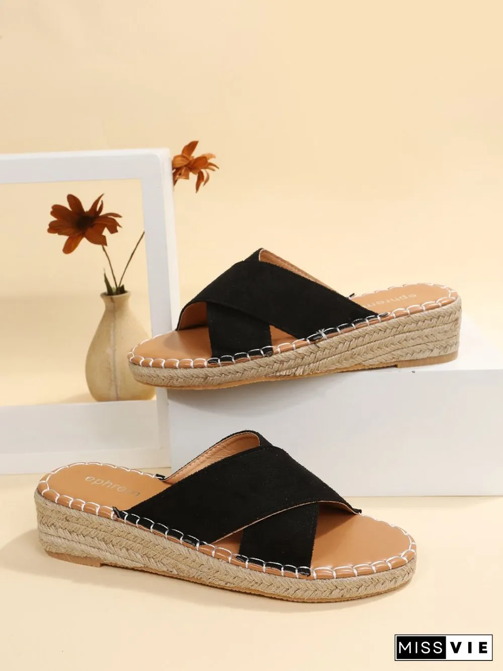 Faux Suede Cross Strap Straw Wedge Slides