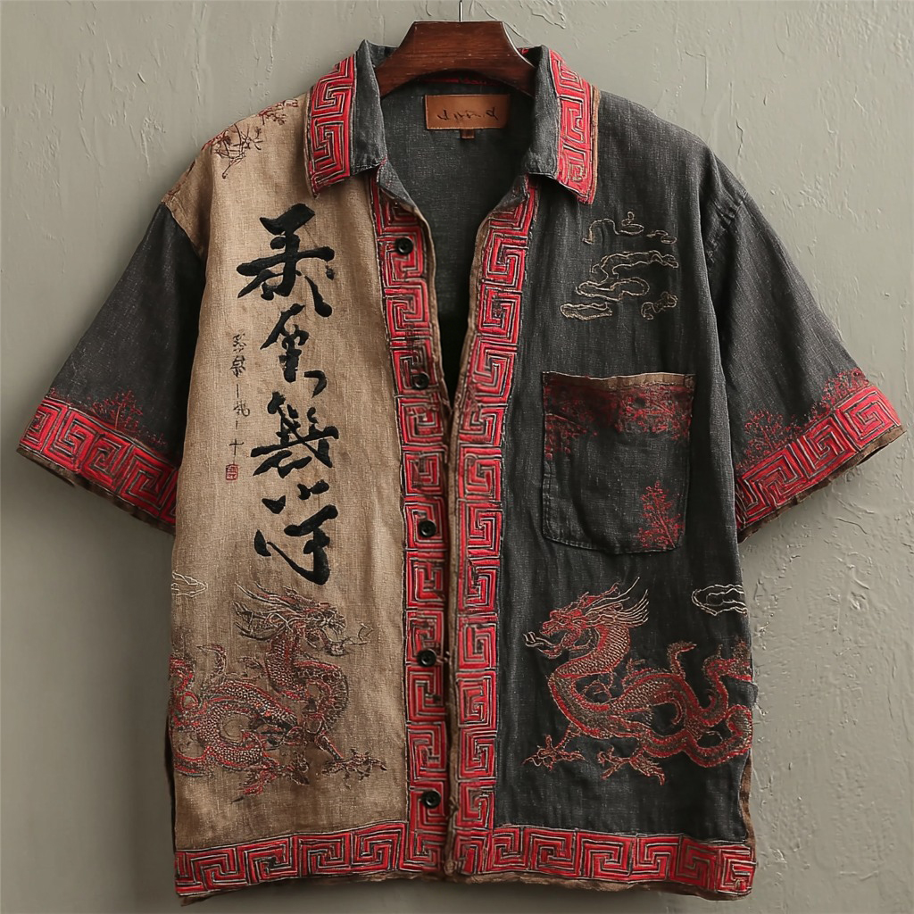 Japanese Dragon Pattern Calligraphy And Painting Art Linen Turn-down Collar Shirt elevenforest