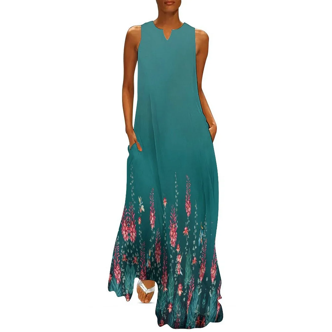 Style & Comfort for Mature Women Plus Size Printed Sleeveless Casual Women Maxi Dress with Pockets in Pattern Floral, Green, Pink
