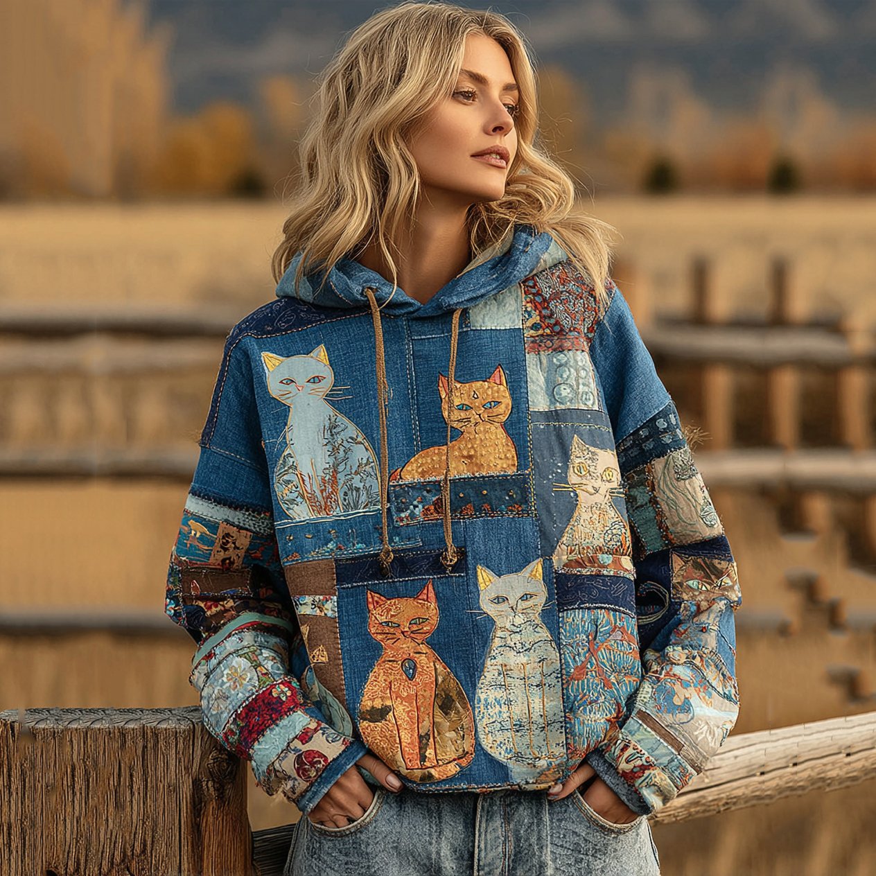 Women's Denim Patchwork Cute Cat Print Hoodie elevenforest