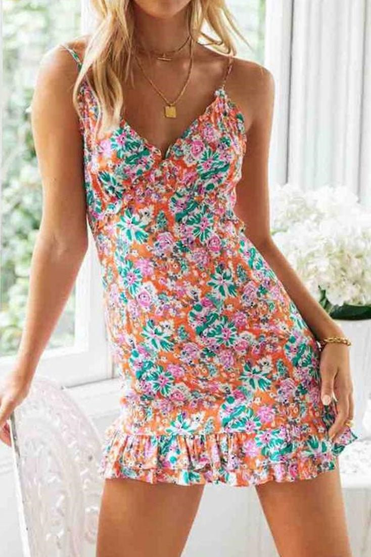 Floral Print Ruffles Short Cami Dress - Life is Beautiful for You - SheChoic