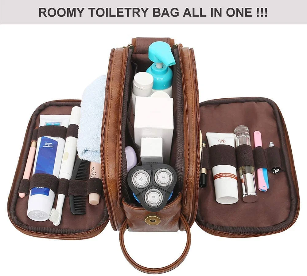 Toiletry Bag for Men, Large Capacity Travel Shaving Dopp Kit All In One Bathroom Toiletries Organizer Leather Cosmetic Bag (Brown)