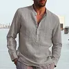 Men's Shirt Linen Shirt Maroon Shirt Solid Color V Neck White Black Gray Wine Army Green Long Sleeve Daily Vacation Tee by Inlyline