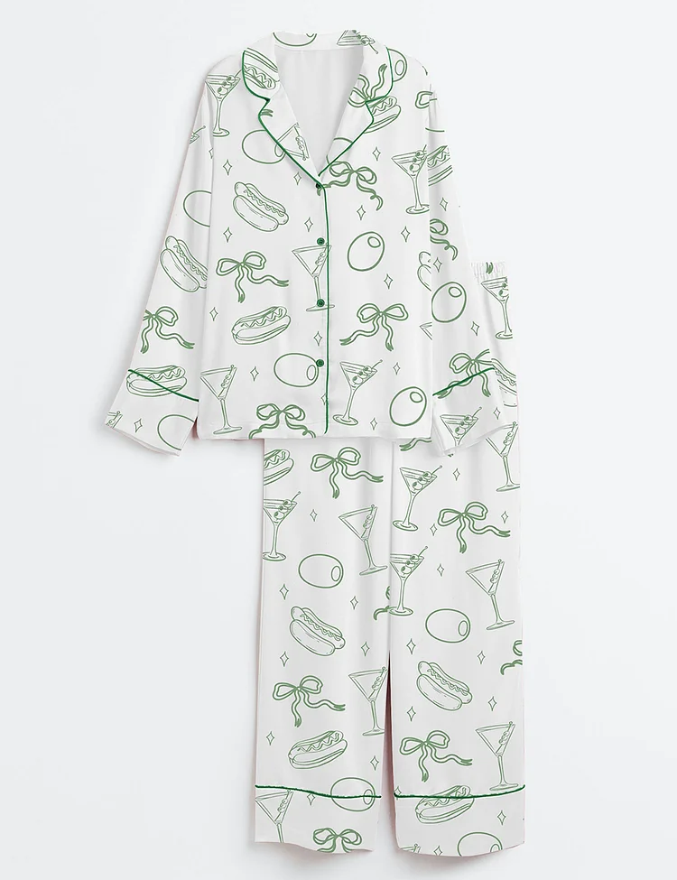 Women&rsquo;s Martinis And Weenies Bachelorette Tinis Weenies Design Hot Dog Birthday Theme Dirty Martini Long Sleeve Satin Pajama Set