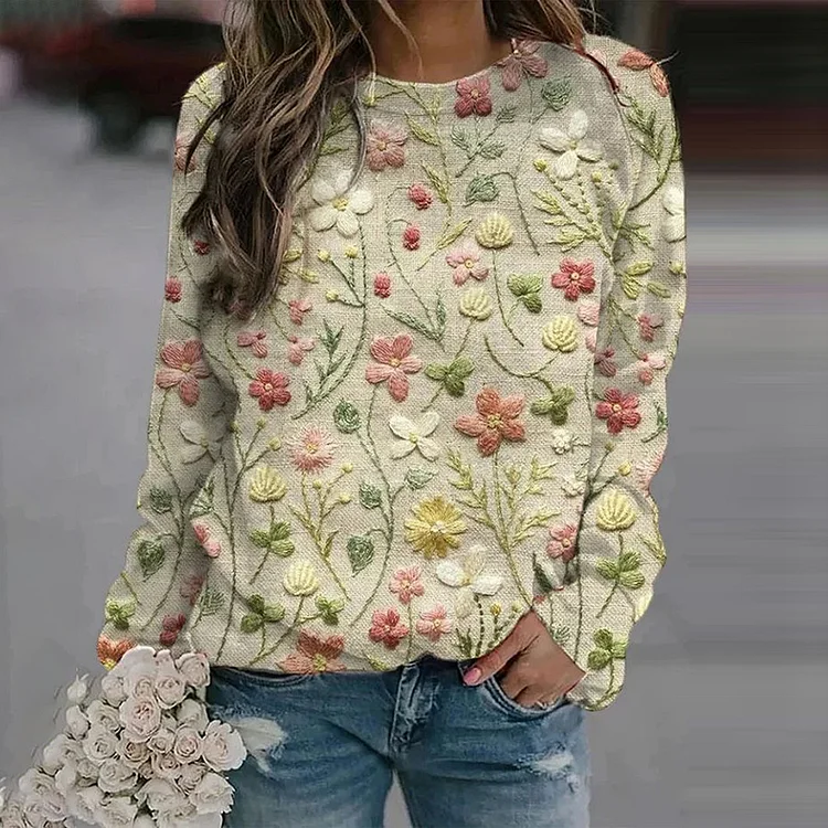 Floral Print Crew Neck Long Sleeve Casual Sweatshirt