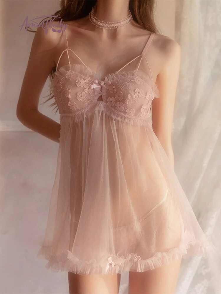 Pink Kawaii Lingerie Lolita Nightwear Sexy Lace Tulle Sweet See-through Sling Night Private Room Underwear Women Night Gowns