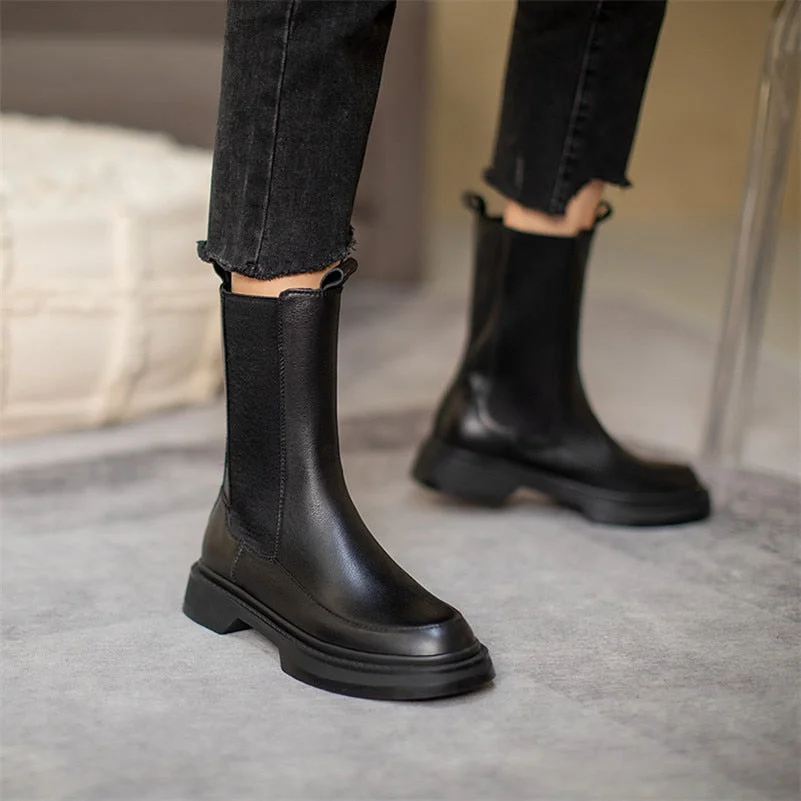 Meotina Chelsea Boots Women Natural Genuine Leather Flat Platform Mid Calf Boots Round Toe Ladies Shoes Autumn Winter Black 40