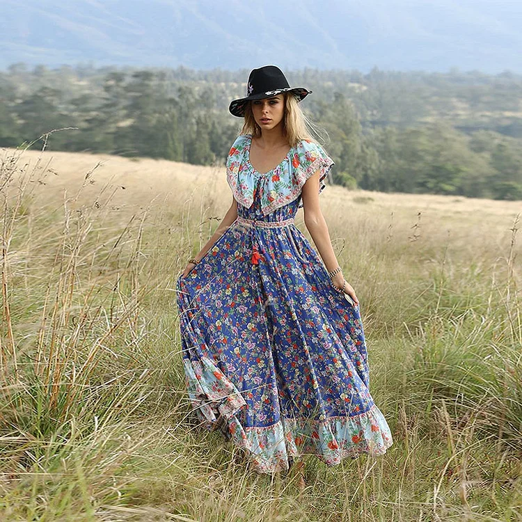Women's Boho Print Off Shoulder Pleated Vacation Dress