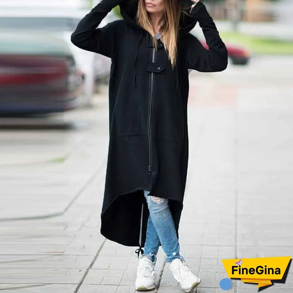 Women's Loose Hooded Sweater Zipper Long Coat Long Sleeve Hoodies Coats Casual Cardigans