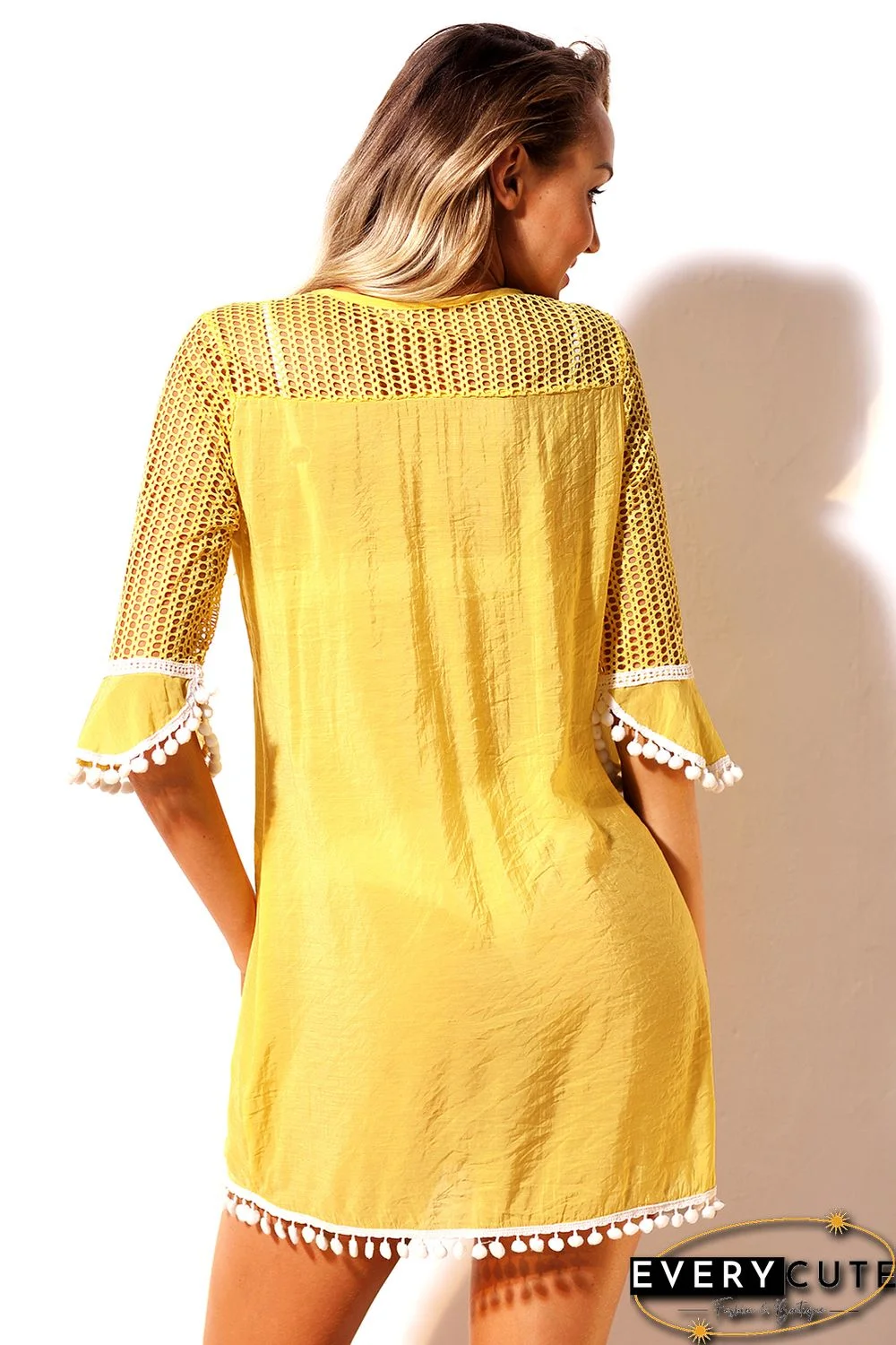 Pineapple Crochet Pom Pom Trim Beach Tunic Cover up