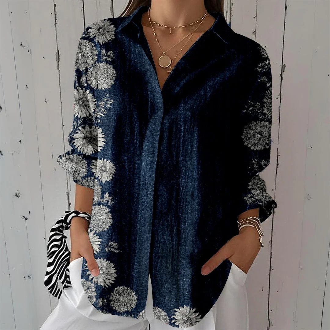 Style & Comfort for Mature Women Women Floral, Blue DZCL0063 3/4 Sleeve Shirt Collar Printed Button Tops