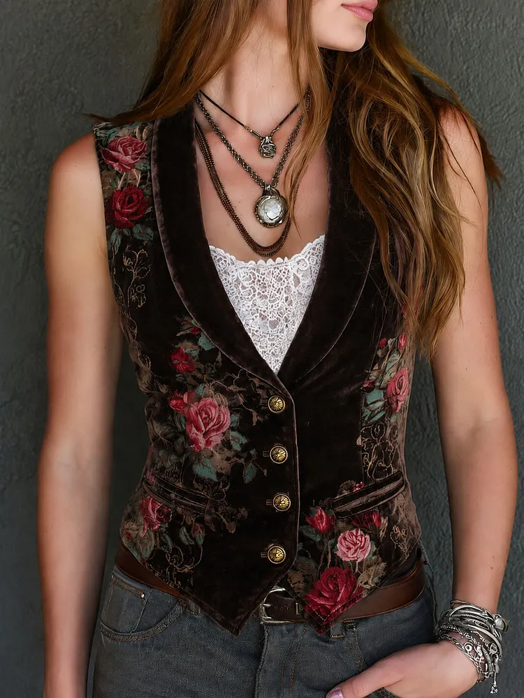Retro Brown Velvet Floral Print Lapel Button Pocket Waistcoat