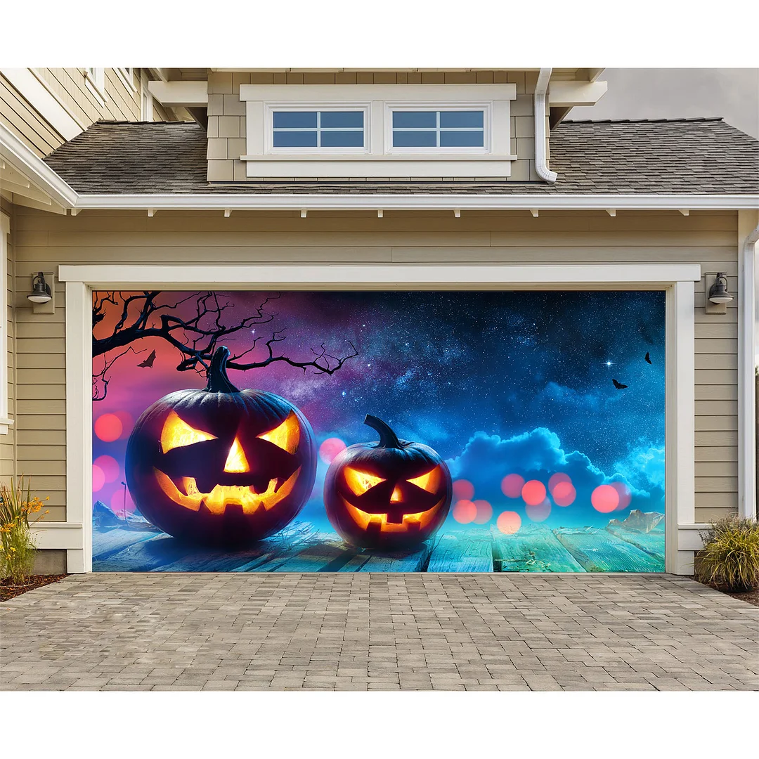 Carved pumpkin Jack O'lantern garage door banner mural